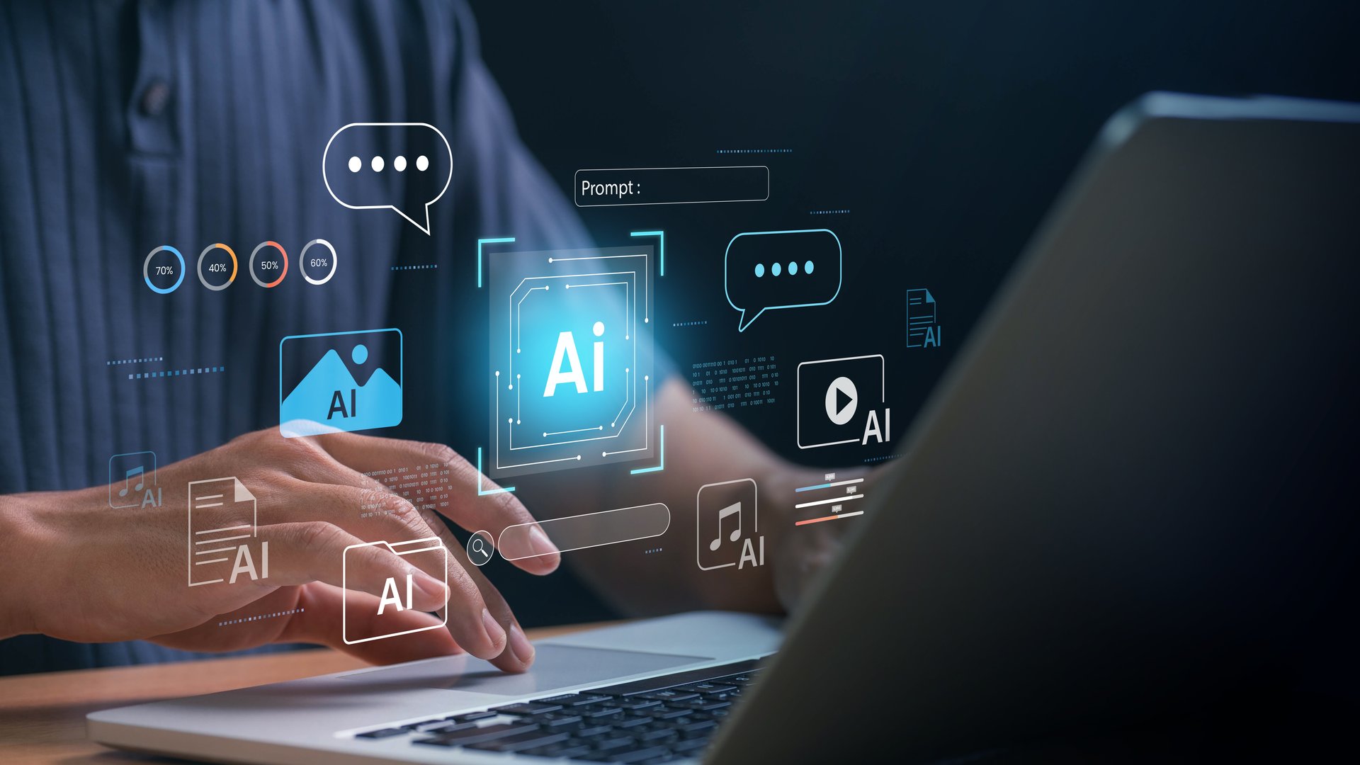 AI Automation and Processing Technology for Efficient Workflow Management and Innovation. professional using a laptop with an virtual assistant, chatbot, data analytics, and smart content generation.
