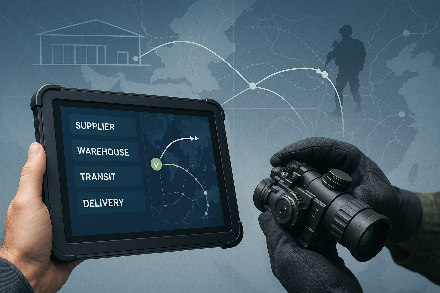 Hands holding a tablet showing supply chain steps and night vision goggles, with a map and logistics background.