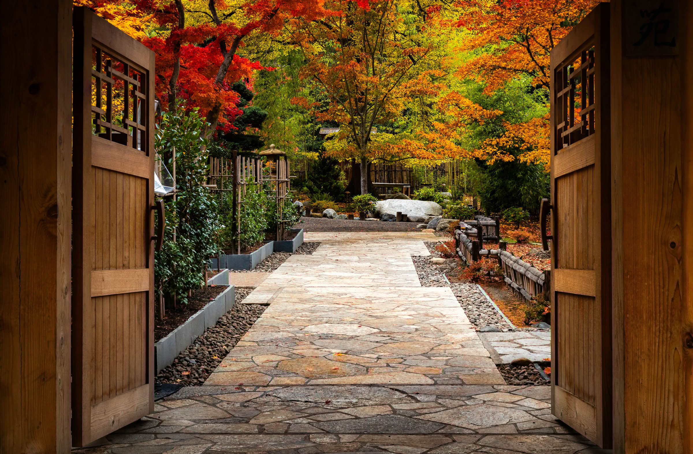 A beautiful view of the entrance to the Japanese Garden in Lithia Park, framed by vibrant red and yellow trees illuminated by the golden light of autumn