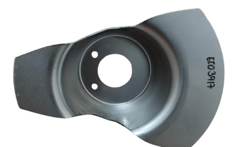 Metal brake dust shield with two bolt holes and part number stamped on the surface.