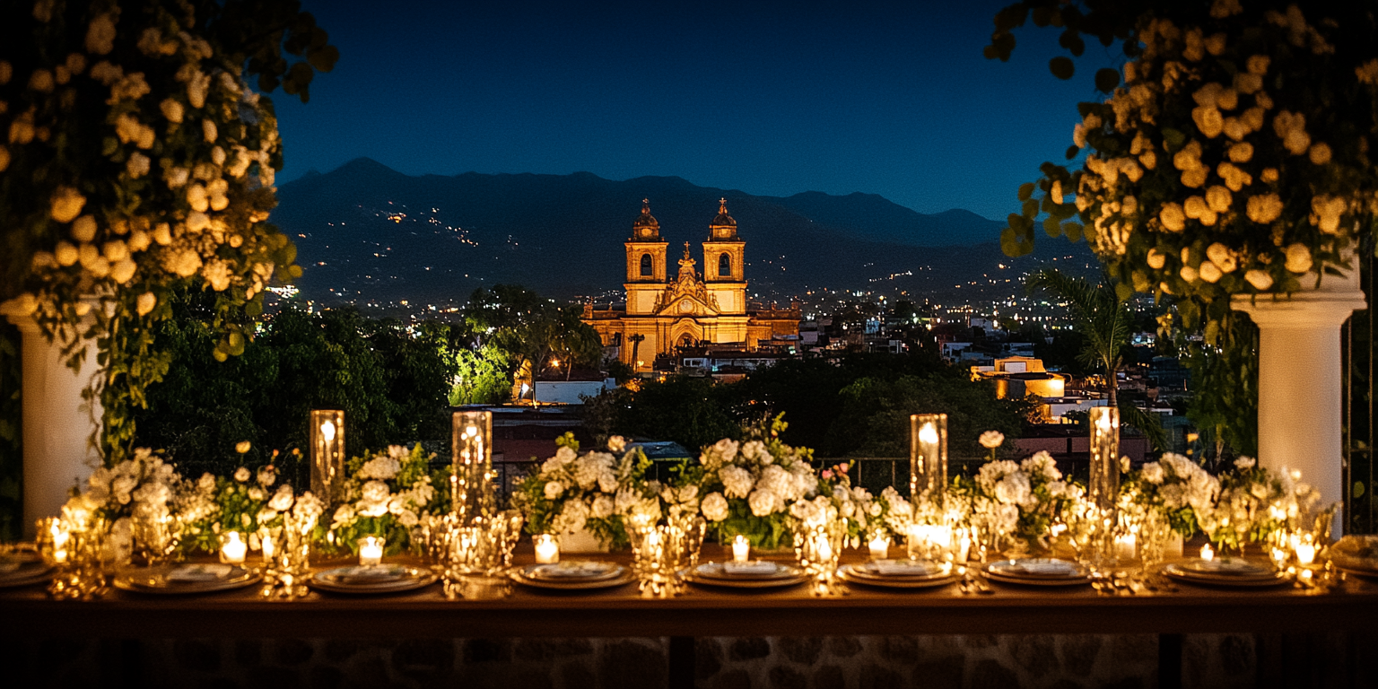 Elegant outdoor table setting with candles and flowers, overlooking a lit church and cityscape at night.