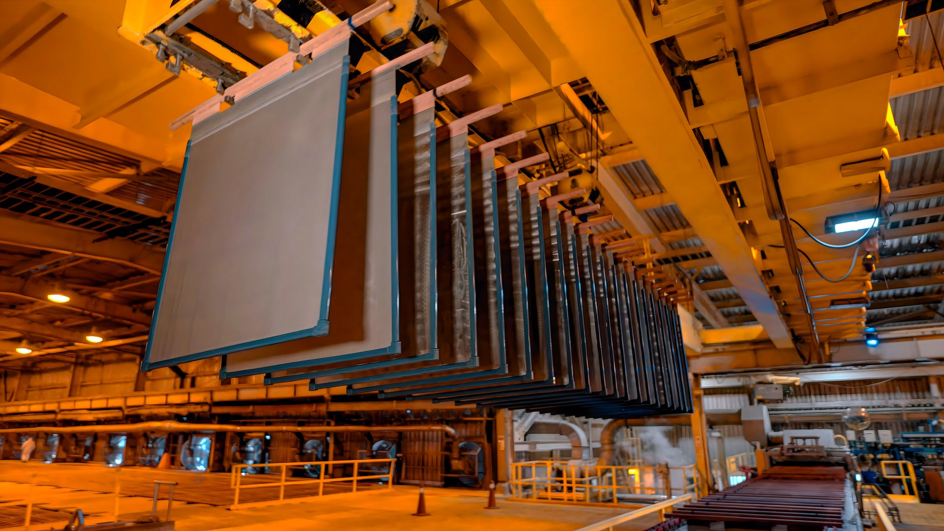 Copper plates in a copper production plant ready to be sold