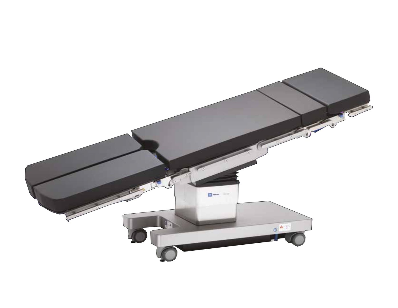 A modern black and silver adjustable surgical table with wheels and segmented cushioning.