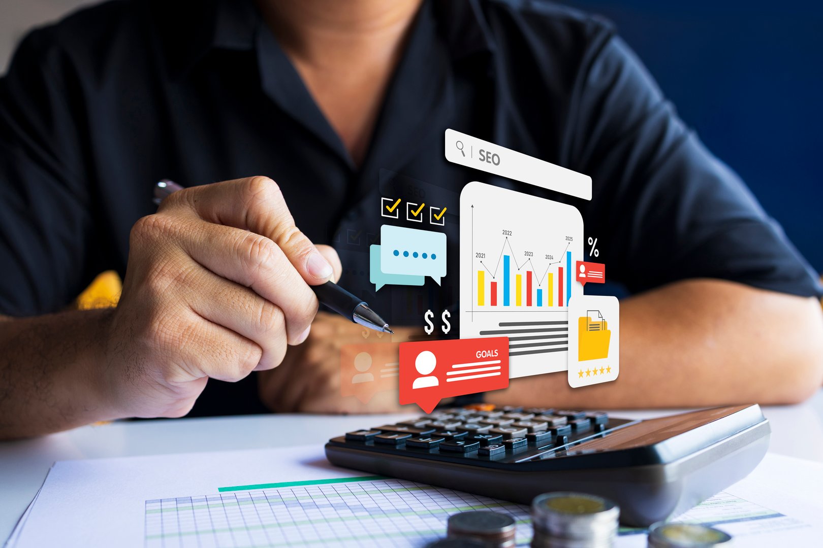Businessman using calculator and data visualization tools to analyze SEO metrics, financial charts, and achieve business goals.