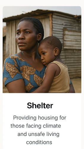 Woman holding child in front of a wooden shelter with text about providing housing for climate-affected individuals.