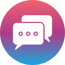 Two overlapping chat bubbles with ellipsis inside, set against a circular gradient background from pink to blue.