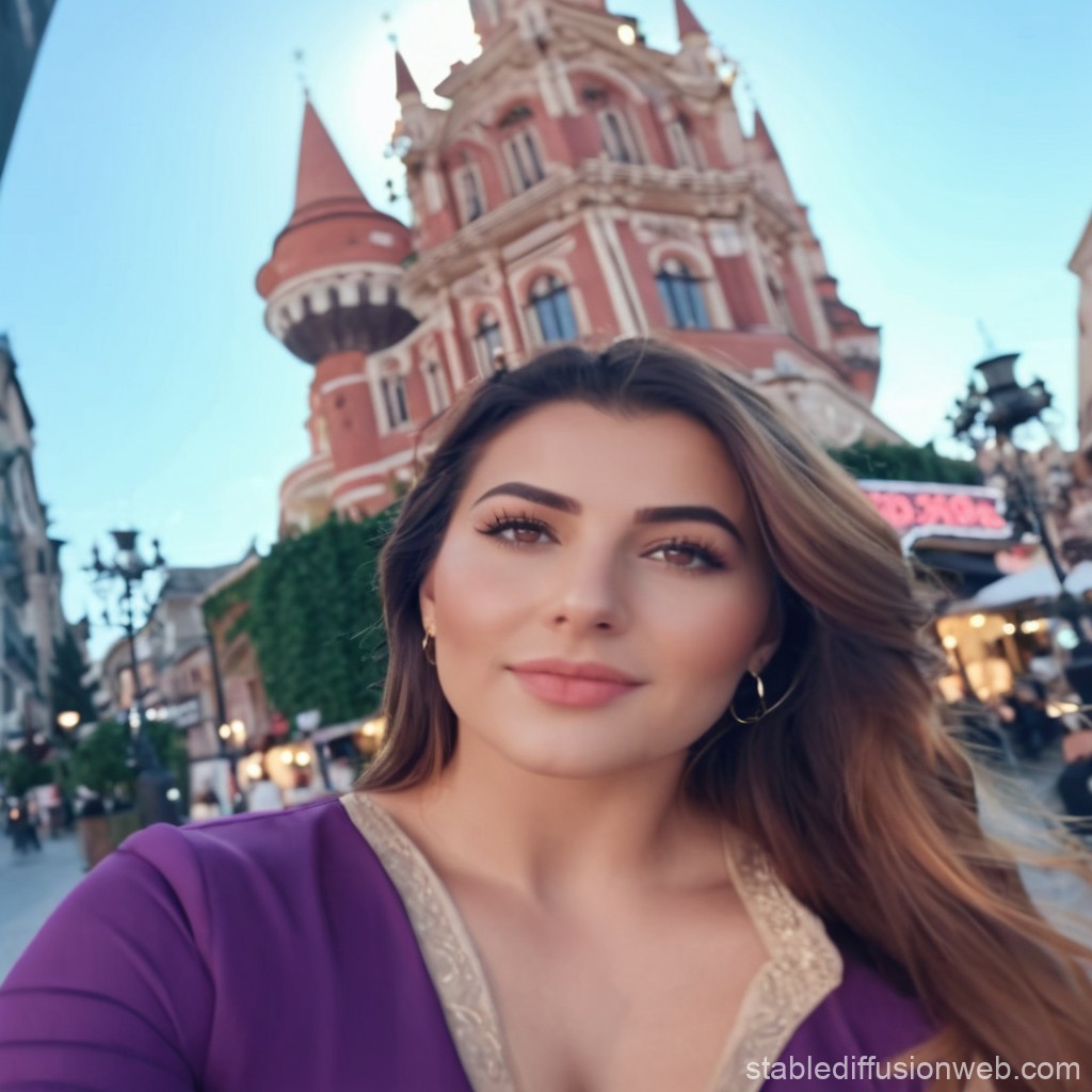 A woman in a purple top poses for a selfie in front of a historic building with red brick and towers, on a city street.