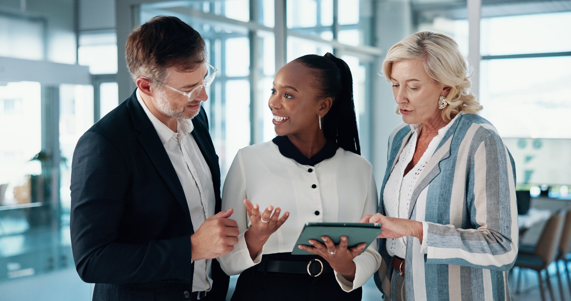 Tablet, meeting and investor with business people for discussion, manager or feedback. Collaboration, partnership or accountants with teamwork, growth strategy and digital project report for finance