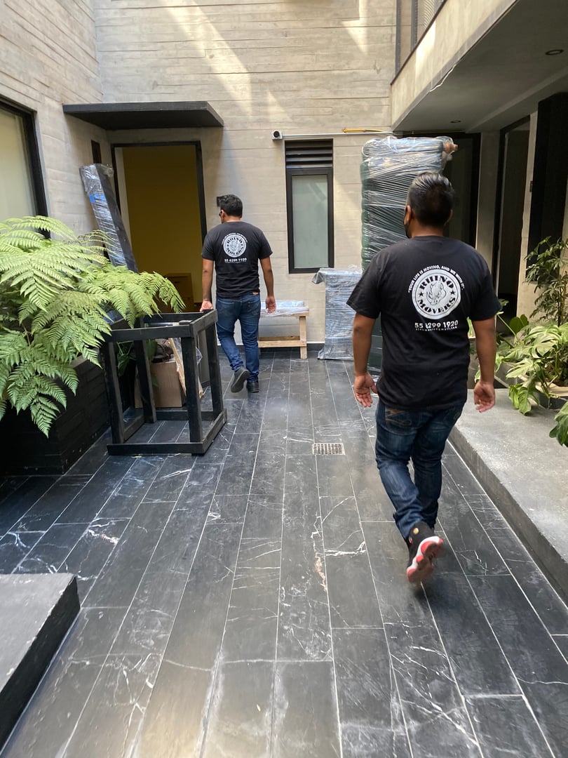 Two men wearing matching black t-shirts walk down a modern hallway with plants and wrapped furniture.