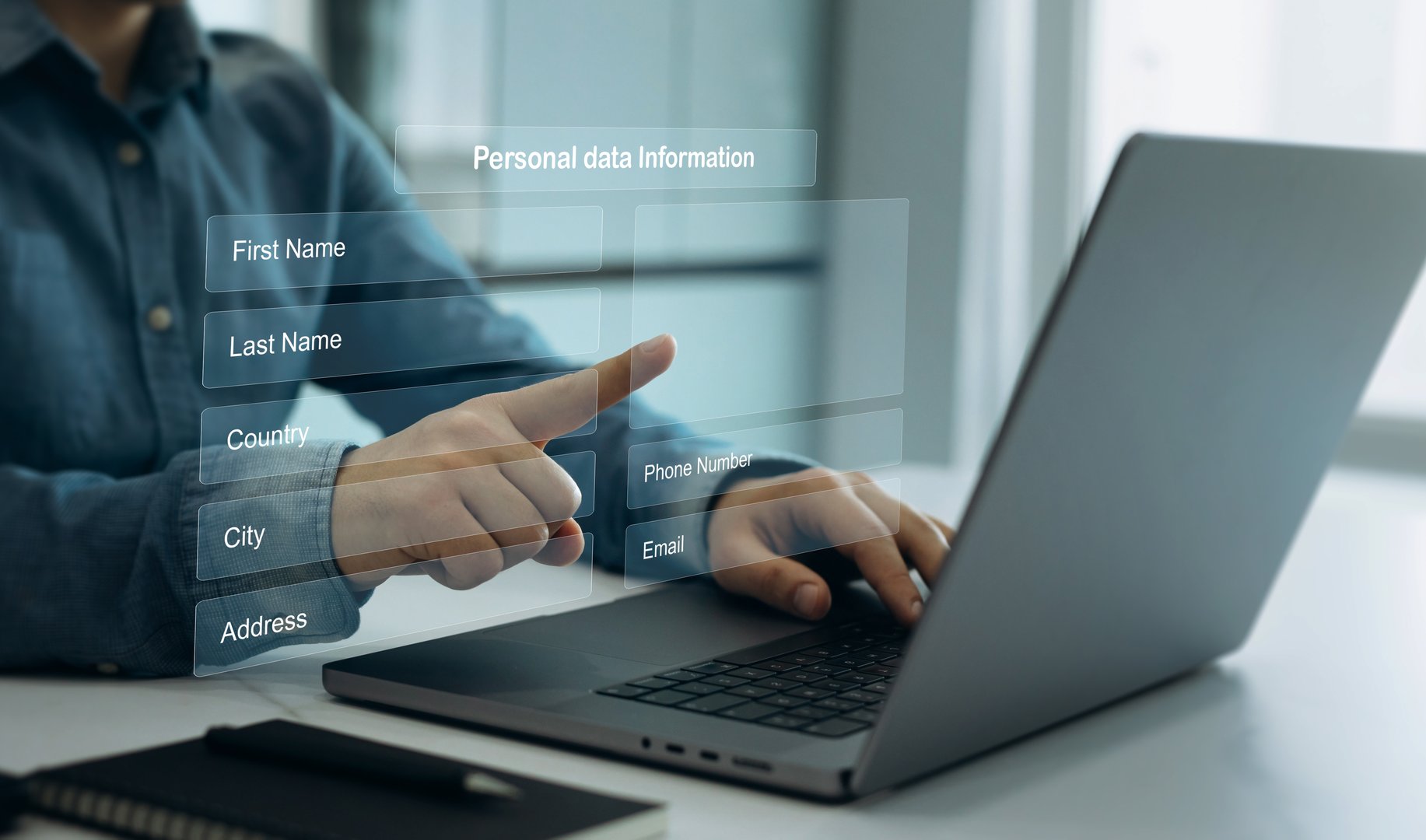 Business person filling out a form with personal data online. Personal data information management. Digital online employee form. Human resource concept