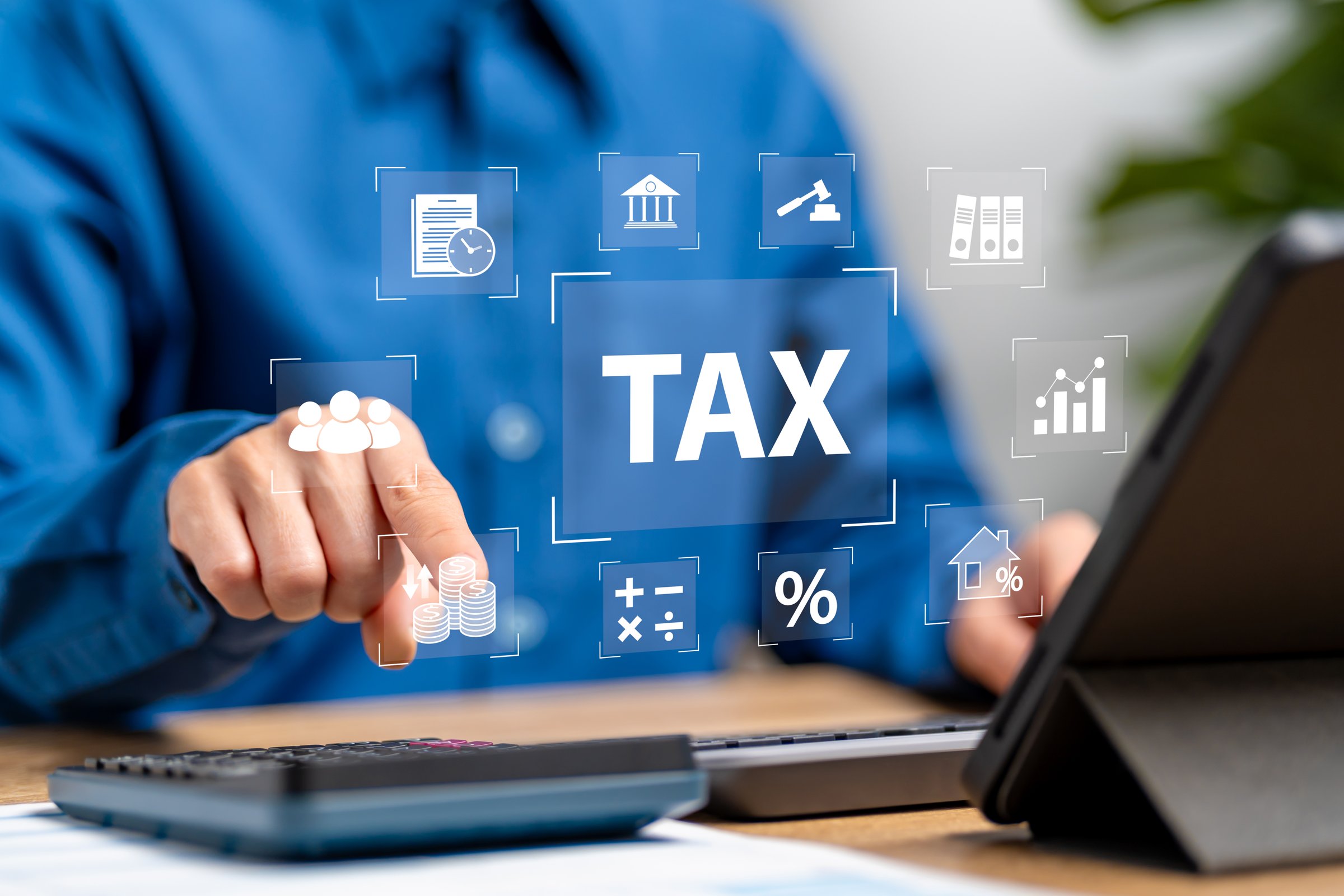 Income tax, Tax payments during the year concept, Businesswomen calculate tax all year and related to finance, tax documents, and savings, Paying management, E-tax document, Tax deductions