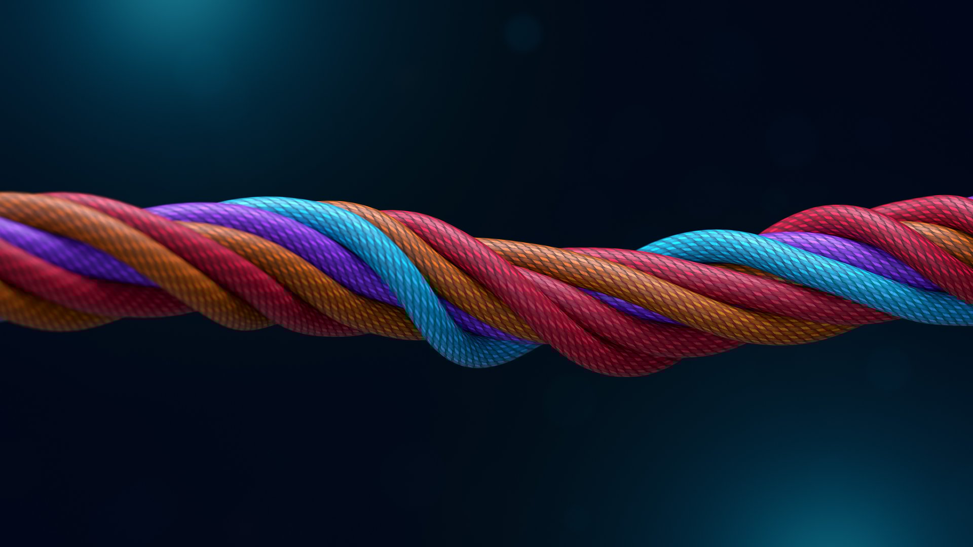 A close-up 3D rendering of a twisted rope composed of multiple colorful strands, including red, blue, purple, and orange, against a dark background.