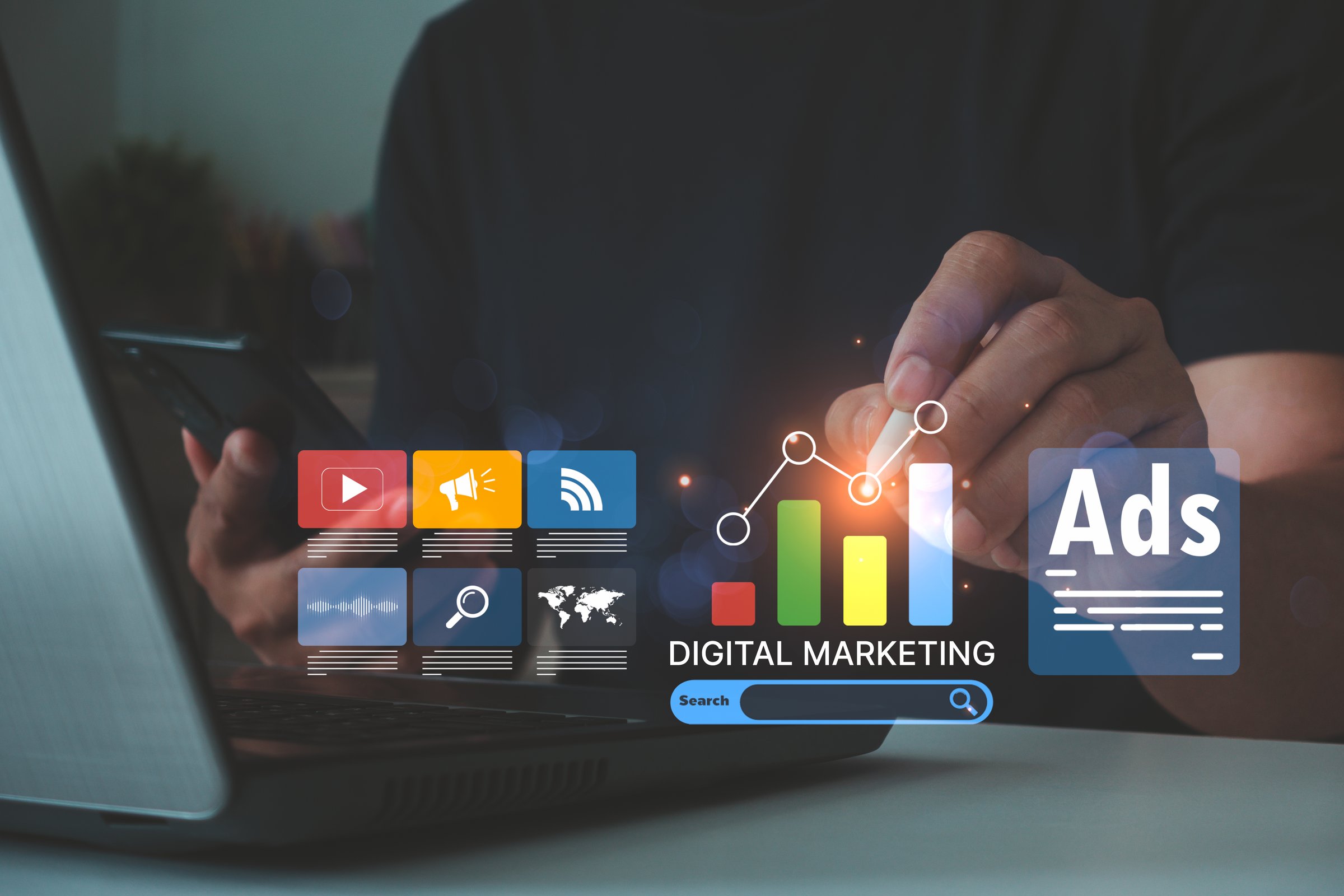 Digital marketing for advertising promotion of product with social media, email, website channel search engine. Digital Marketing development and goals strategy. Attract organic traffic for big sales.