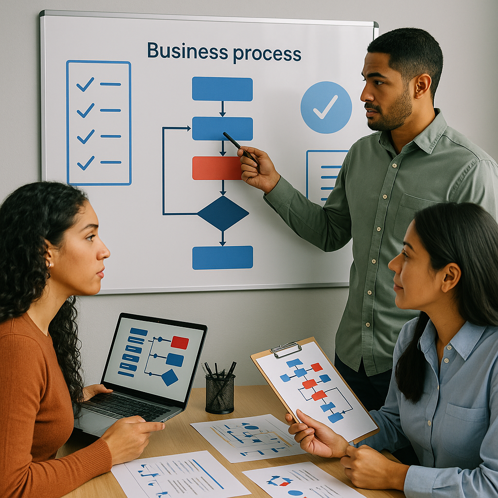 Three people discussing a business process flowchart on a whiteboard, with documents and a laptop displaying similar diagrams.