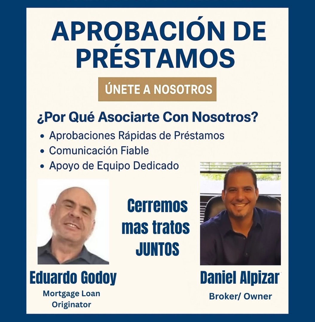 Loan approval advertisement featuring Eduardo Godoy and Daniel Alpizar, highlighting quick approvals and reliable communication.