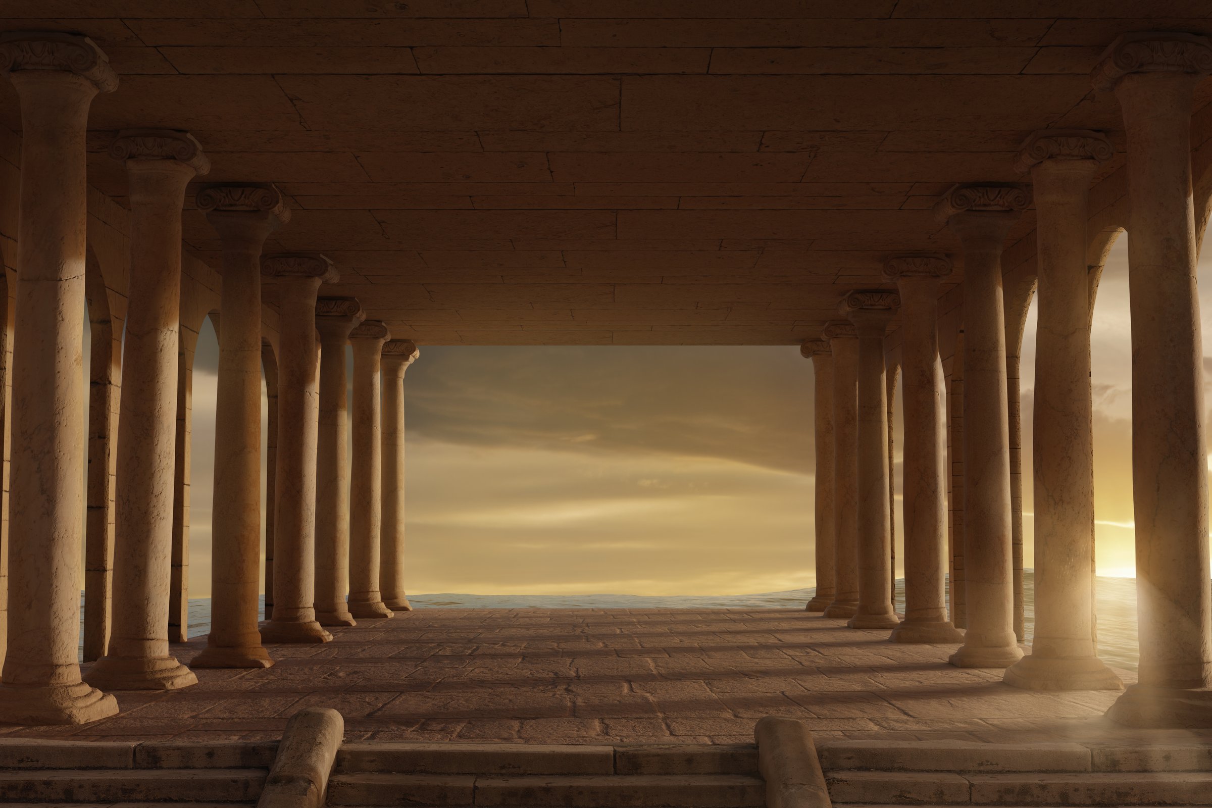 wide open hall with ionic columns and view to beautiful sea. 3D Rendering