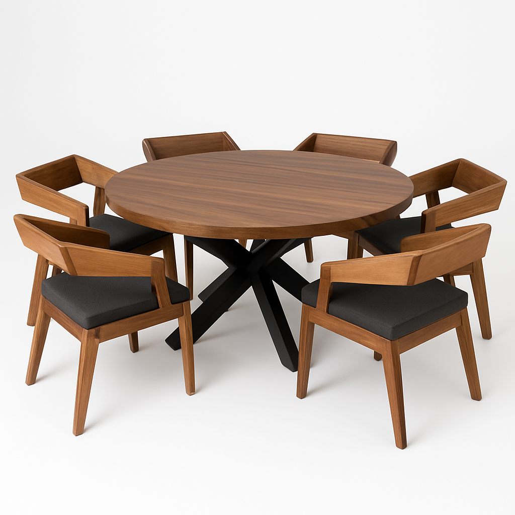 Mesa redonda de parota maciza con canto suave y base metálica en X color negro mate