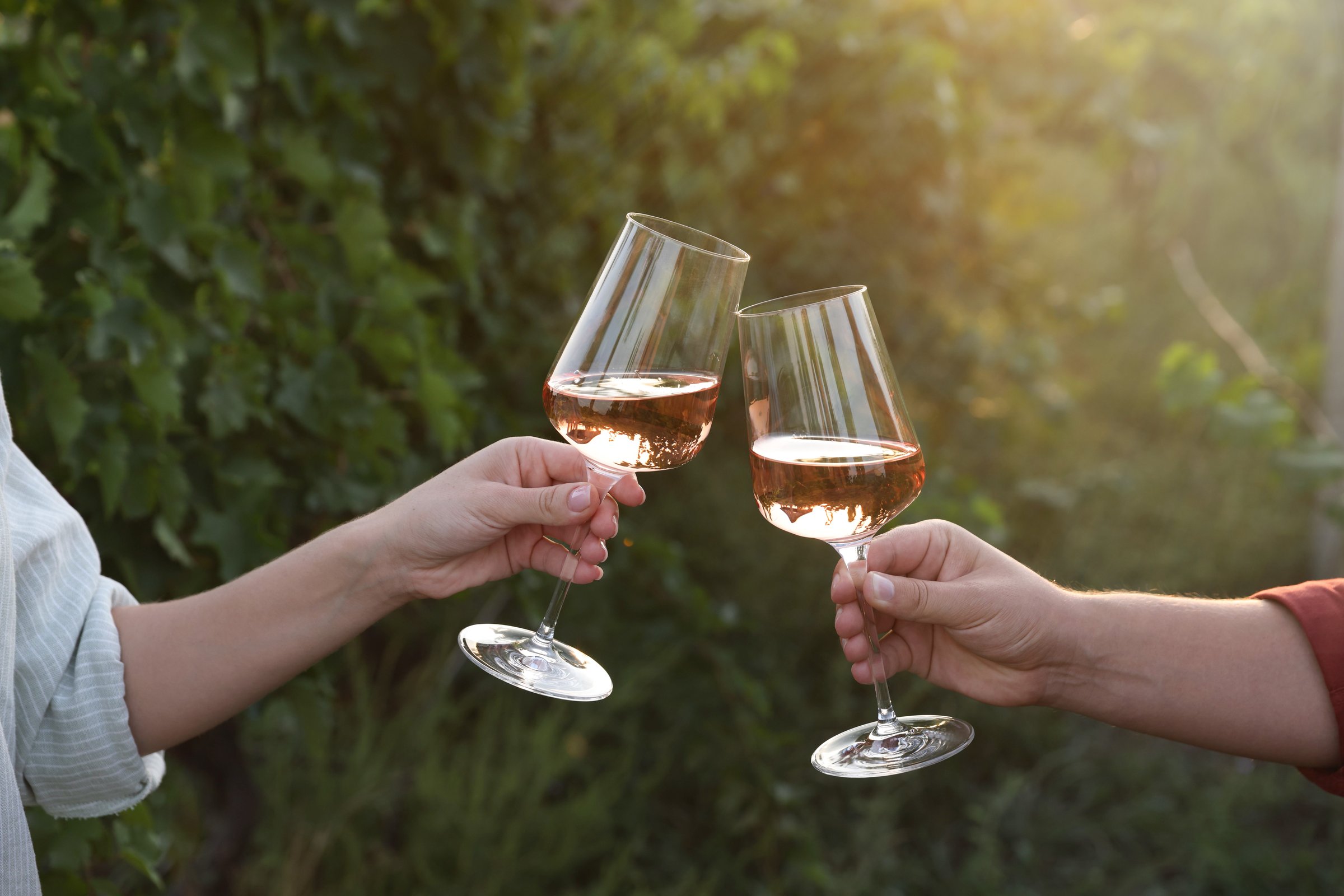 Couple clinking glasses of wine outdoors, closeup