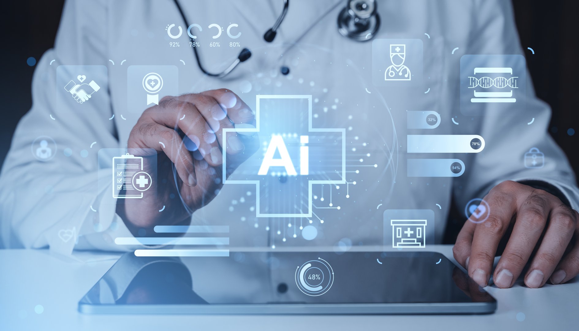Futuristic AI healthcare interface for clinical practice management