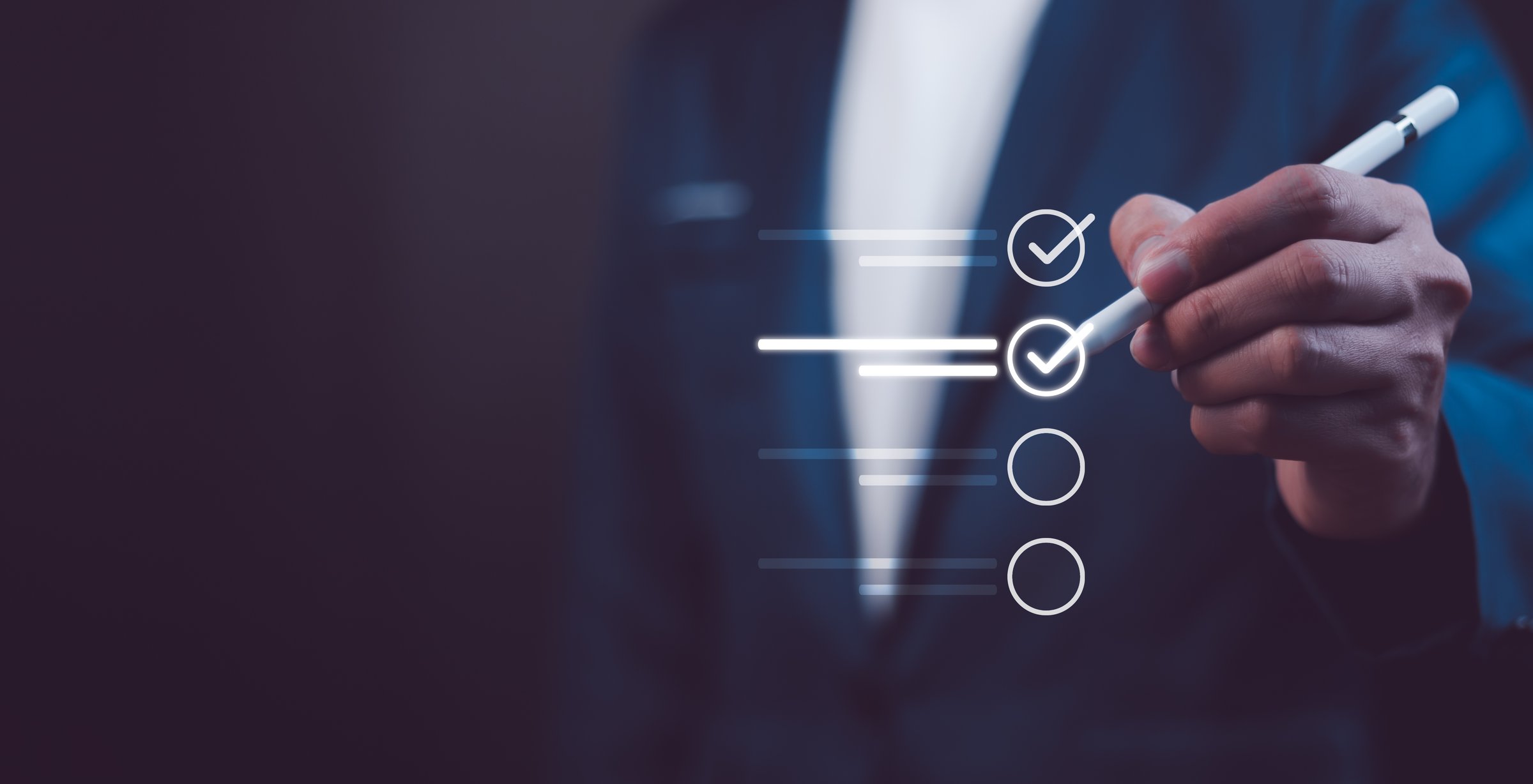 Businessman marks checkbox on virtual checklist with a digital survey, organization, and task management. Tick correct sign mark in checkbox for quality document control and business approve project.