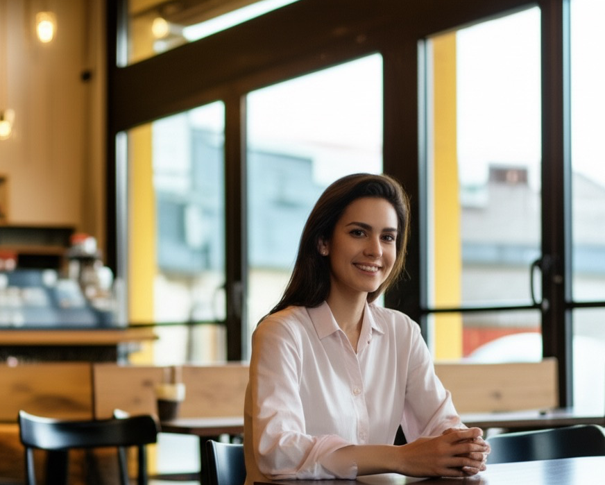 A woman in a white shirt sits at a table in a cafe, smiling at the camera. Large windows and wooden interiors are visible.