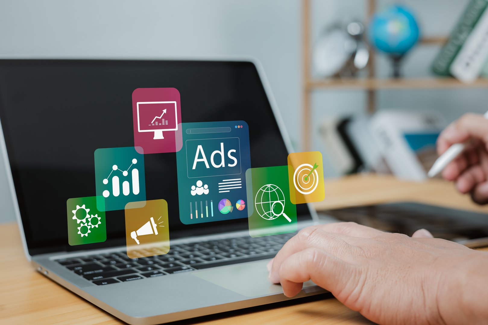 Online advertising concept Internet advertising digital marketing social media, Ad, Market, Product ads, Businessman using laptop with Ads dashboard digital marketing strategy analysis for branding.