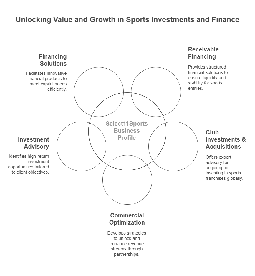 Infographic detailing Select11Sports business areas: financing, receivable financing, acquisitions, advisory, optimization.