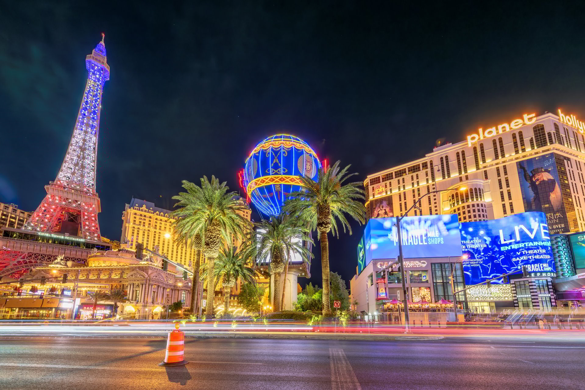 Las Vegas Strip at night with neon lights and Bellagio casino