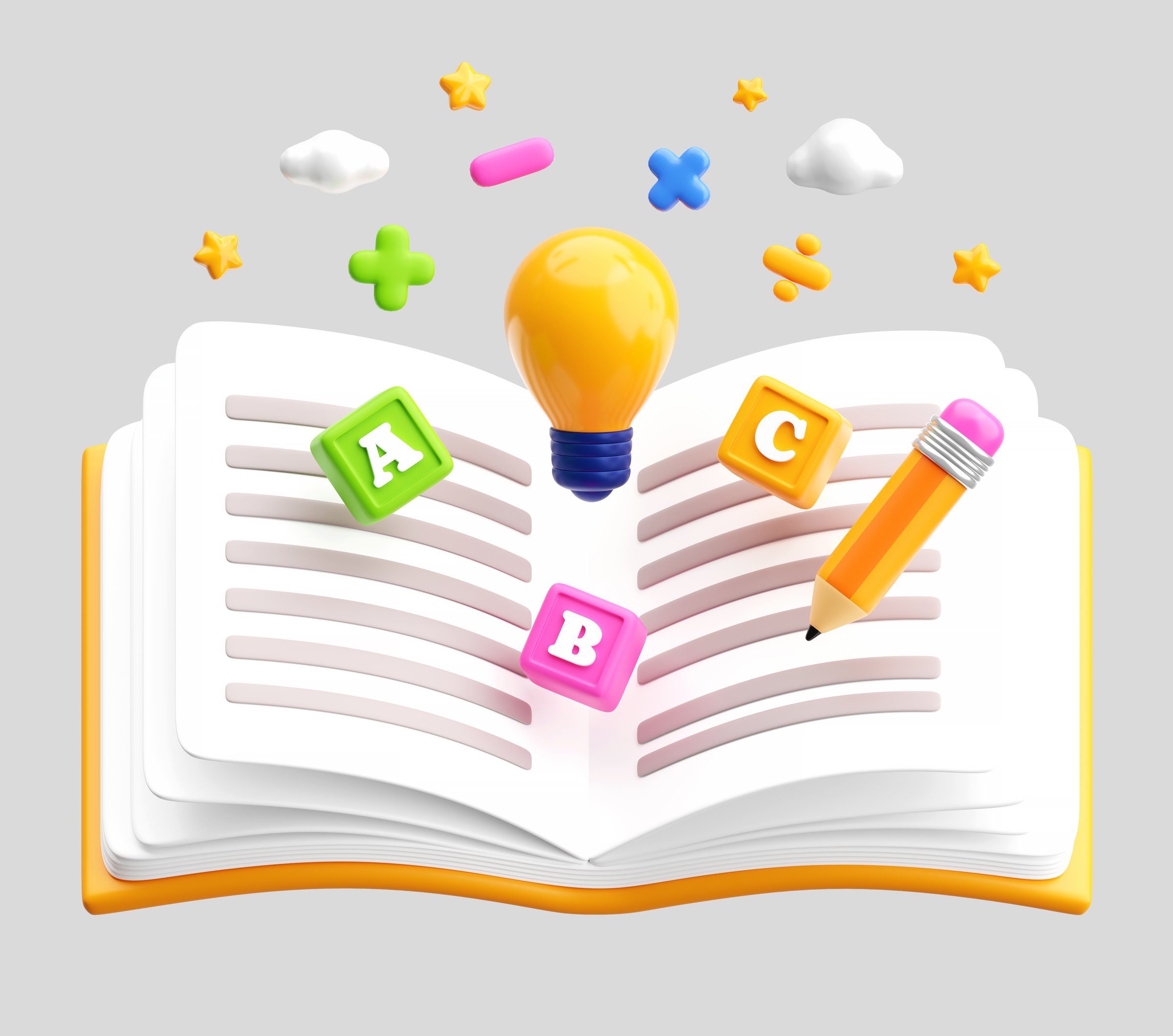 3D open book with light bulb, colorful ABC blocks, and pencil. Perfect for early education, school themes, and creative learning materials.