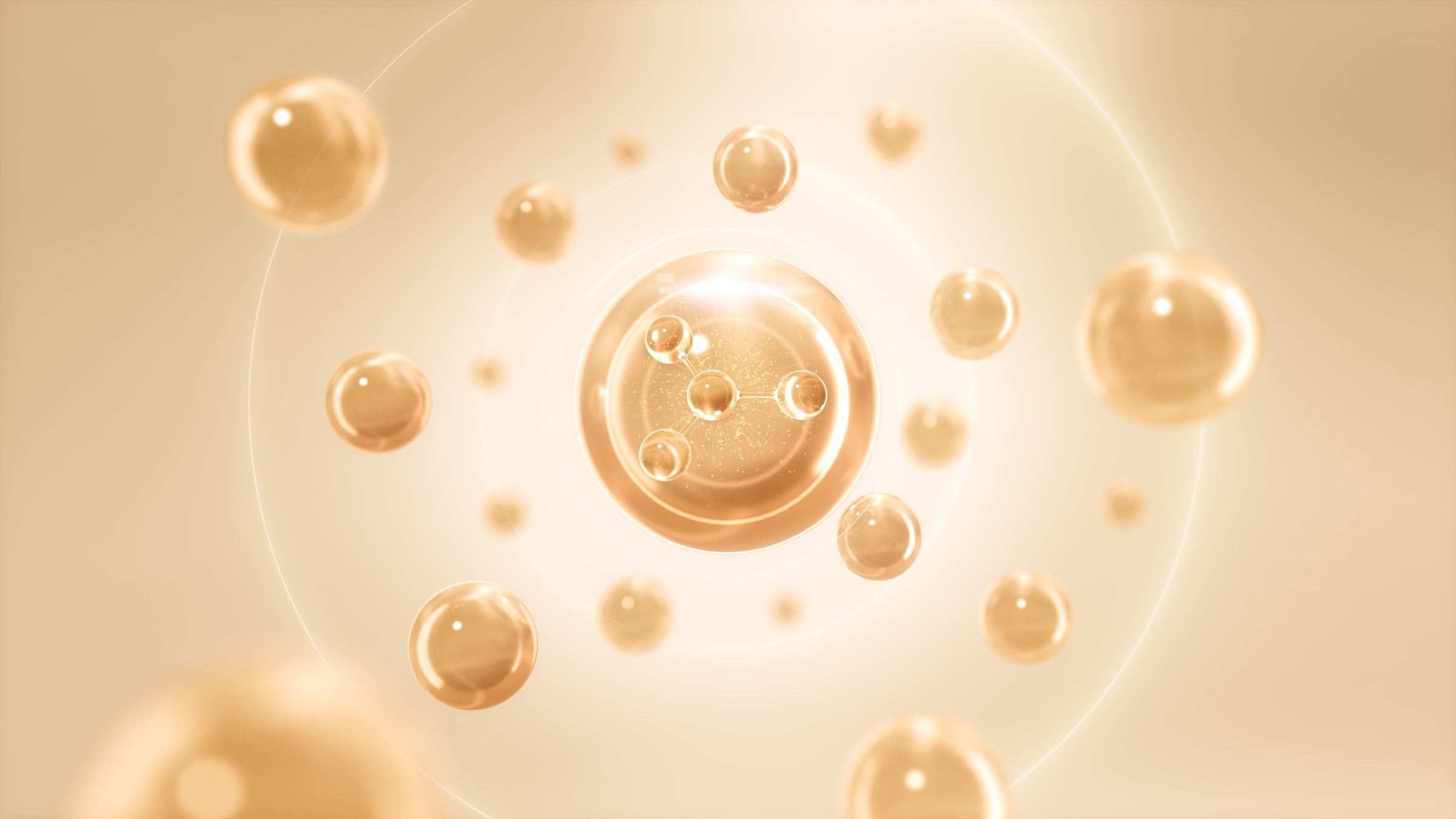 Golden Molecule Collagen Skin Serum and Vitamin on background, Skin care cosmetic concept, 3D rendering.