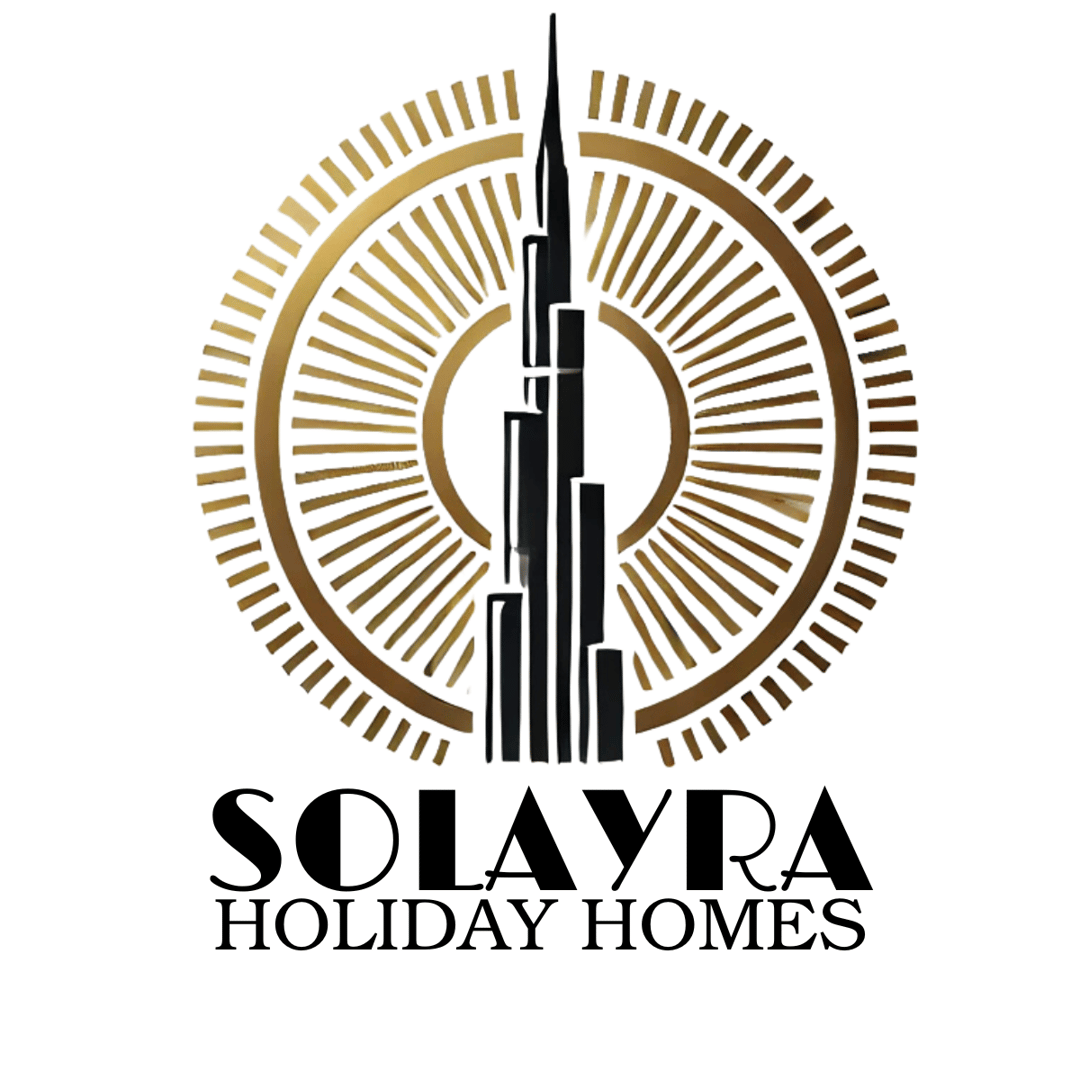 Solayra Holiday Homes logo with a tall building silhouette and circular decorative elements in gold and black.