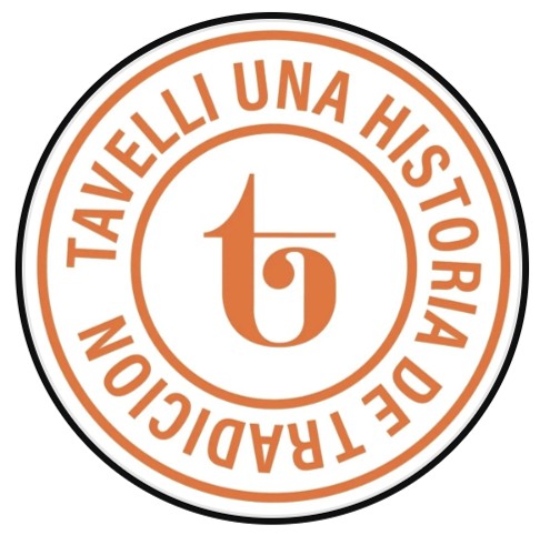 Circular logo with orange text Tavelli Una Historia De Tradicion and stylized t in the center.