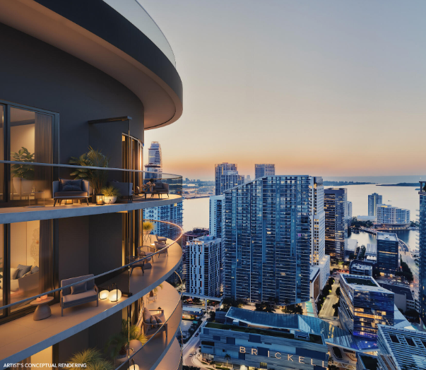 Aerial view of a modern high-rise balcony with cityscape and water views at sunset. Luxurious urban living concept.