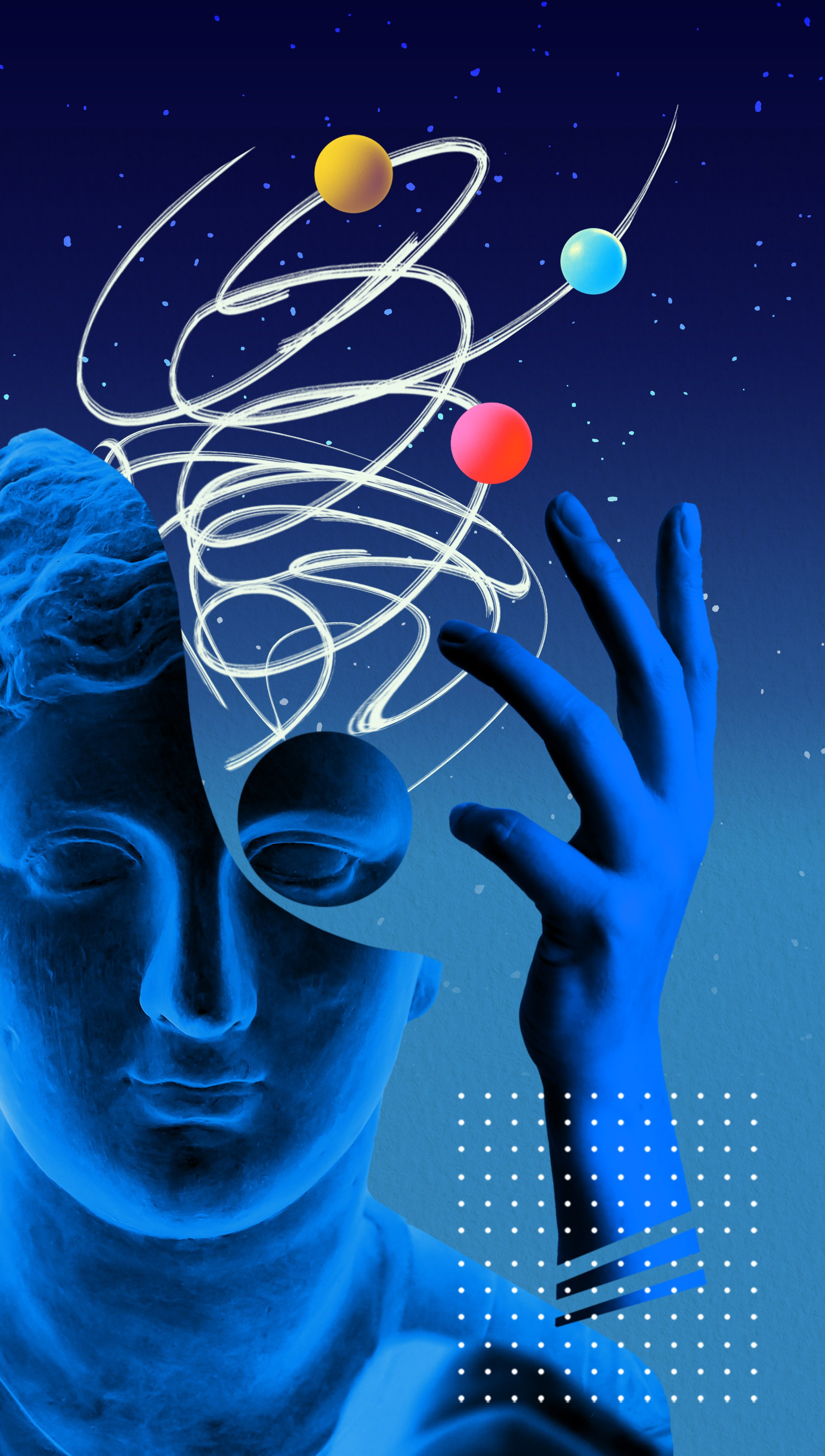 Abstract human antique statue and human hand, drawn style. Creative idea symbol, art design or collage. Mental Health, thinking, psychology concept