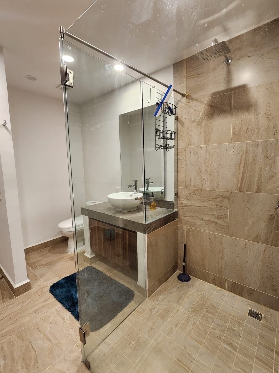 Modern bathroom with glass shower, tiled walls, sink with mirror, and toilet. Blue rug on floor.