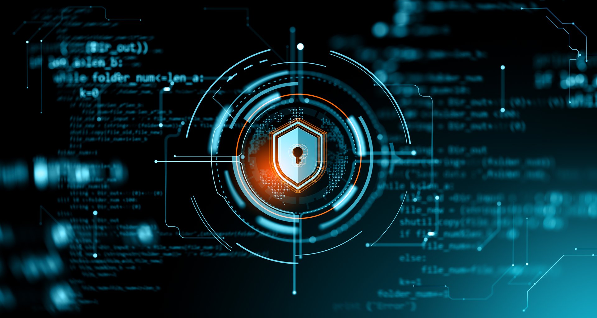 Digital shield icon with a keyhole at center surrounded by tech elements and glowing circuits on a dark background with code lines. Concept of cybersecurity. 3D Rendering.