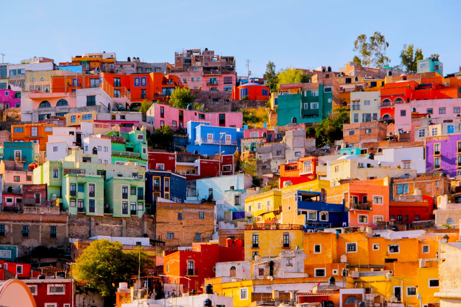 This vibrant image features a hillside densely covered with brightly colored houses