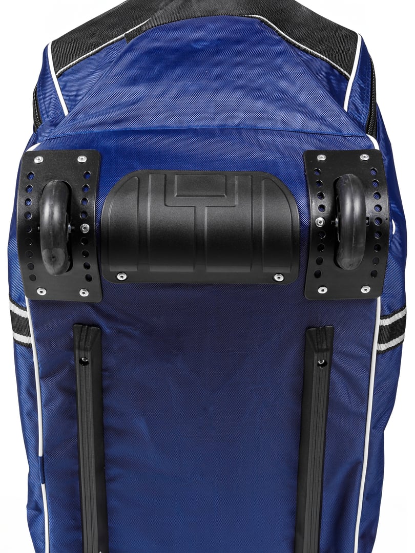 The underside of a blue bag equipped with stylish black wheels that provide ease of transport and mobility for your travels