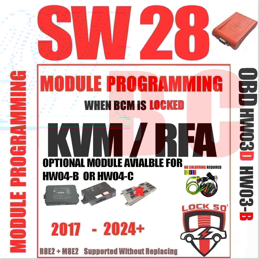 Lock50 SW28 interface showing new RFA programming with locked BCM configuration screen