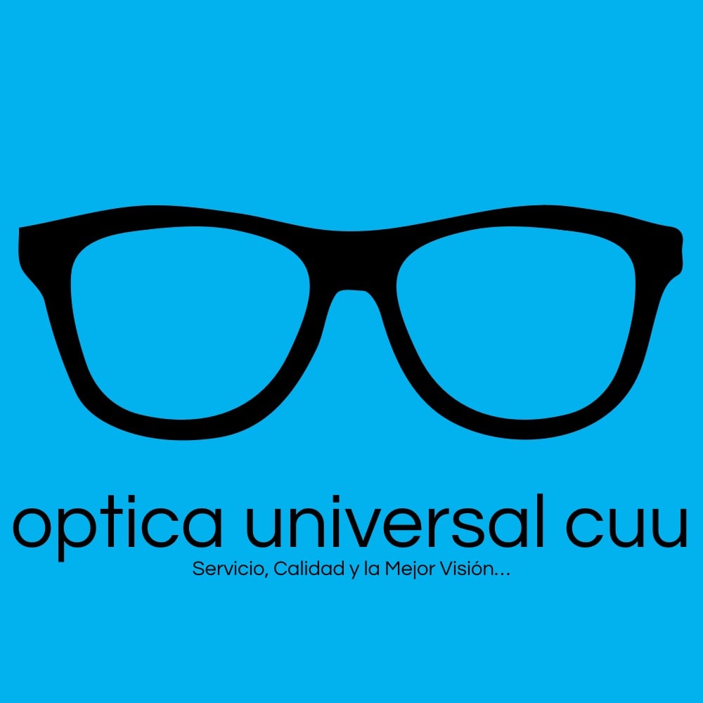 Logo with black glasses icon and text "optica universal cuu" on a blue background.
