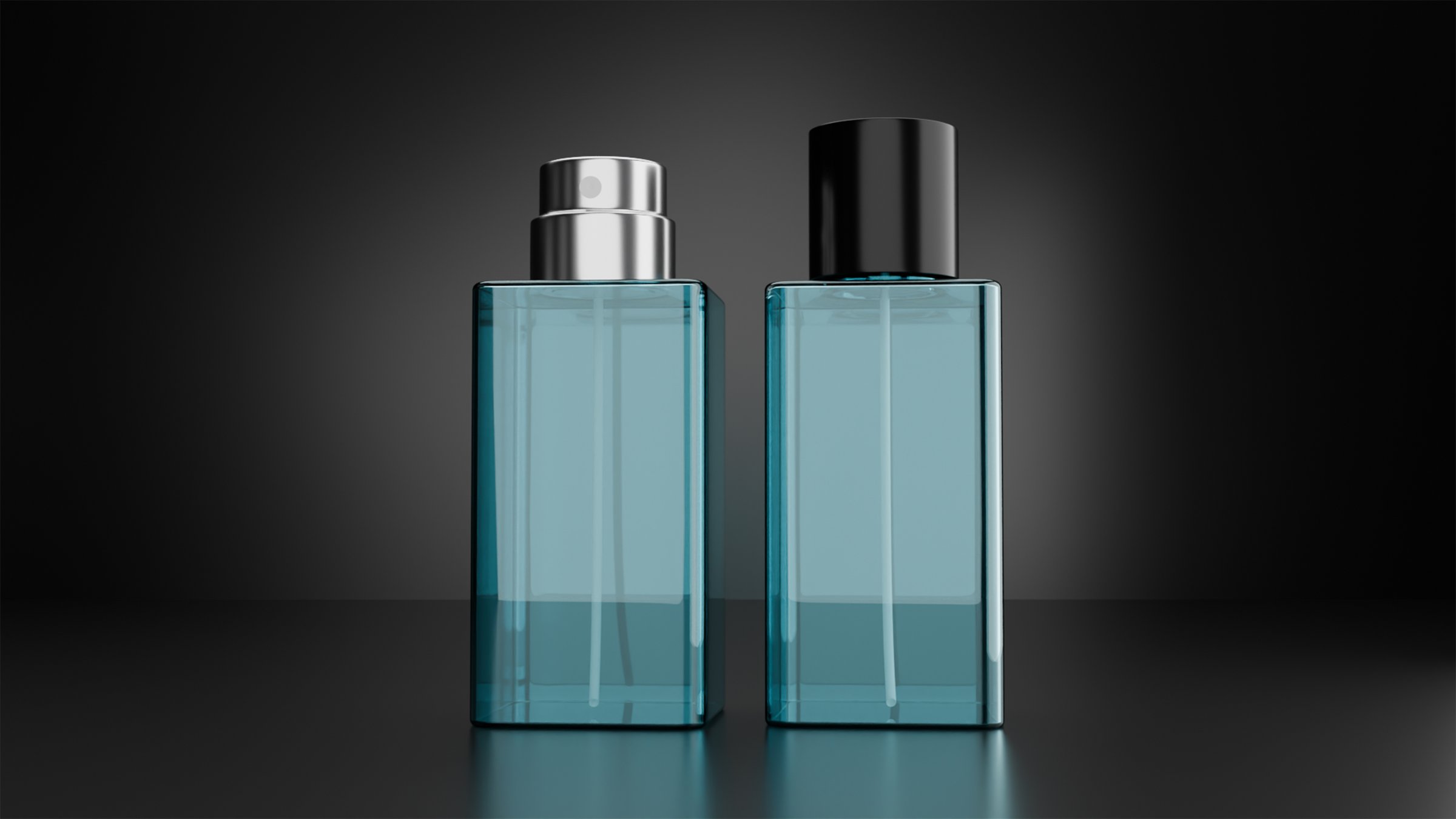 3d model of two blue perfume bottles on a black background in light,perfume bottle