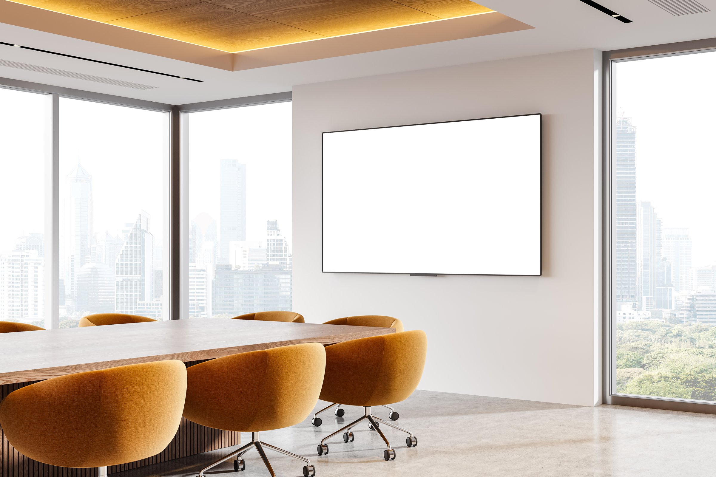 A bright conference room showcasing a blank screen, modern orange chairs, and panoramic city views. Concept of professional space. 3D Rendering