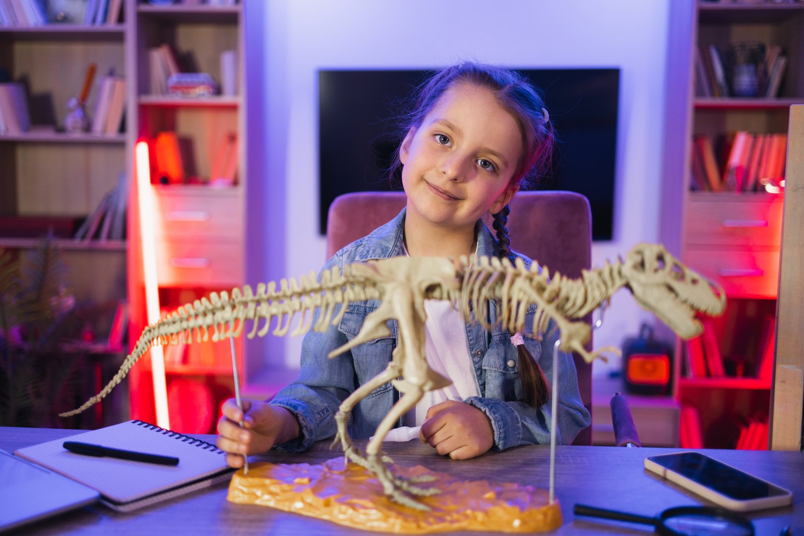 Concept childhood and studying at school, homework. Focused little girl in denim shirt learning nature science in evening at home making model of tyrannosaurus out of bones.