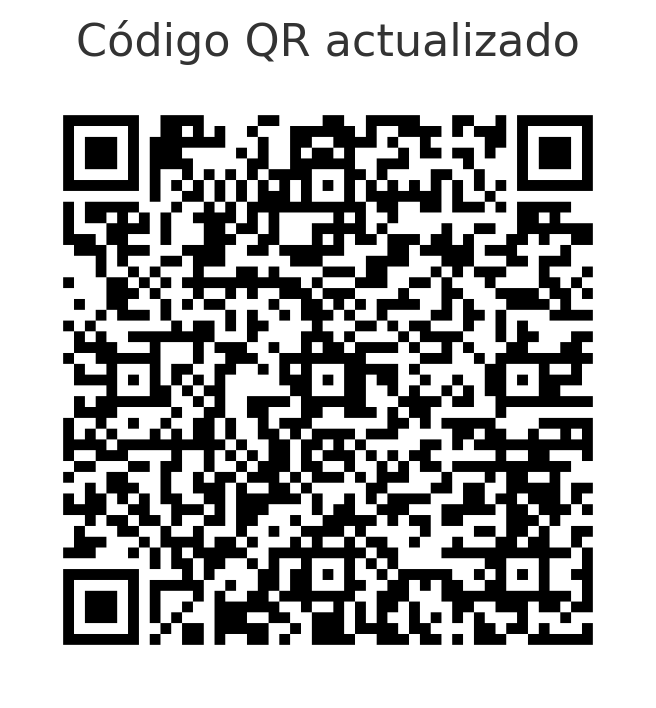 Black and white QR code with text above reading Código QR actualizado.