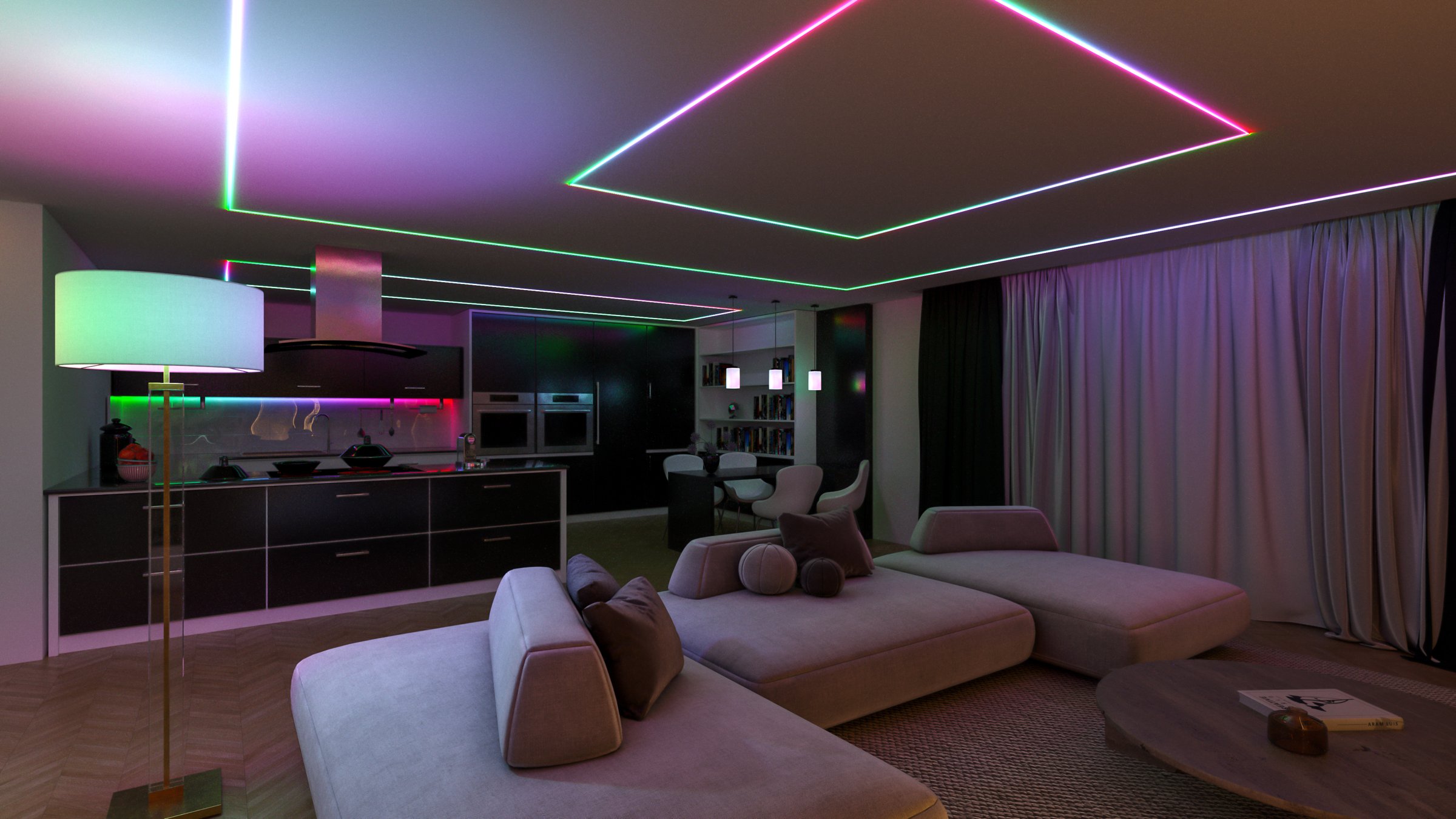 Modern open-concept interior blending a living room and kitchen, highlighted by vibrant RGB LED lighting outlining the ceiling.