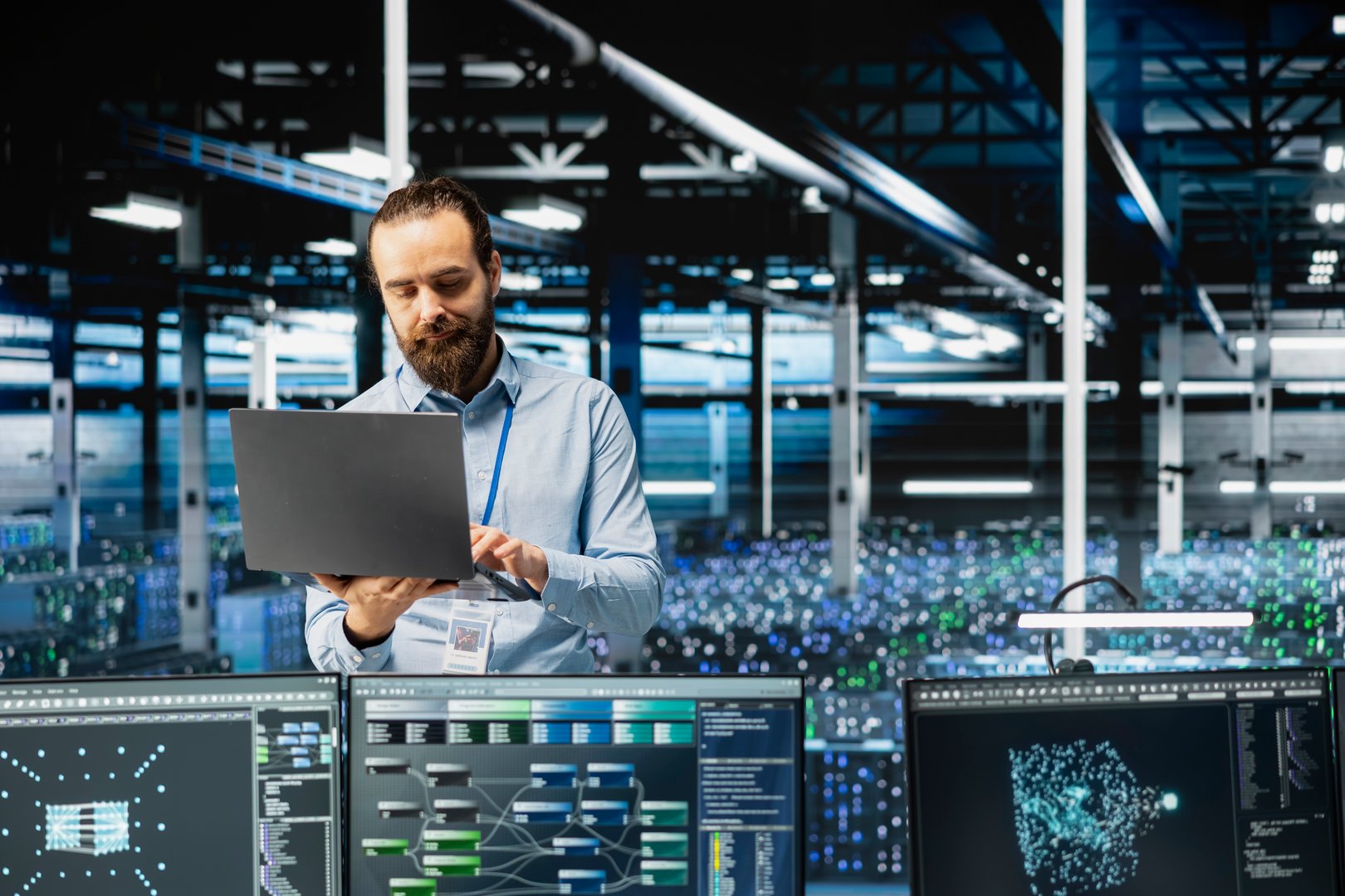 Engineer in data center configuring hardware specifically optimized for AI tasks, increasing workloads. Server farm IT expert automating system diagnostics using machine learning predictions