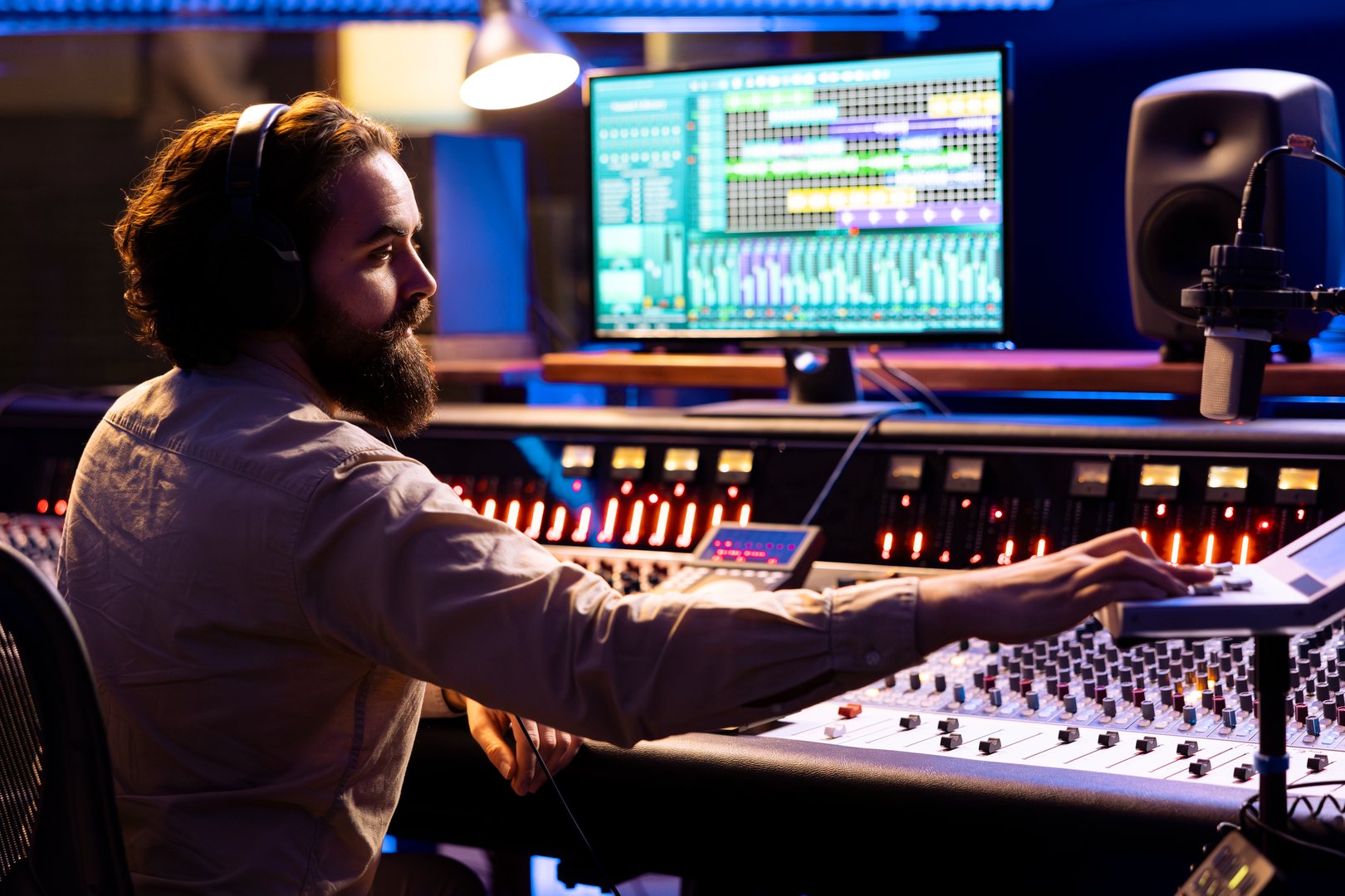Sound engineer working in professional studio to mix and master tracks, expert editing music in control room. Audio technician using faders and knobs on dashboard, technical equipment.