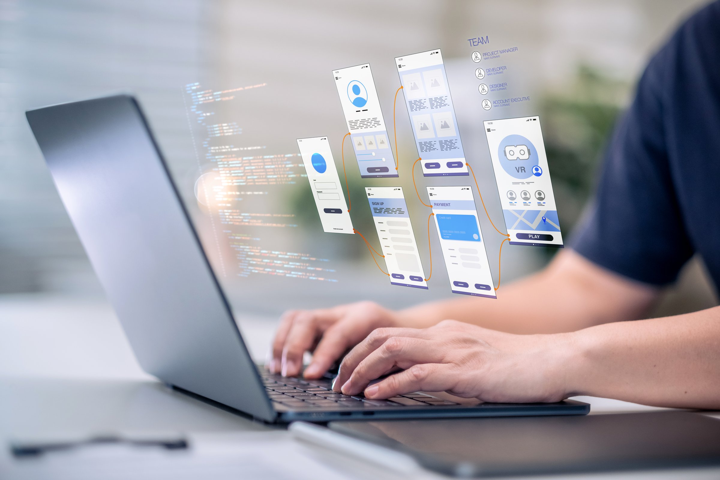 UX UI design for mobile app prototype with developer coding interface, startup and AR technology