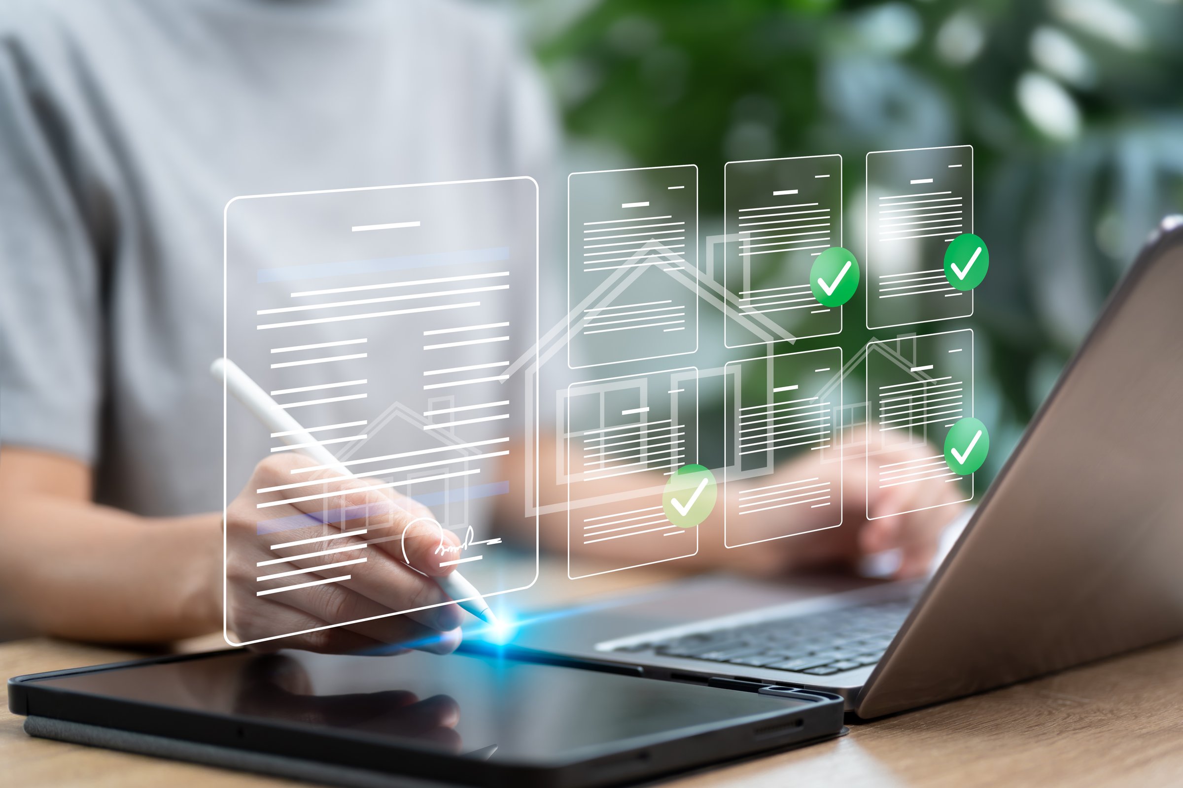 Online Document Signing for Real Estate Contract, Woman Signing Digital Housing Purchase Agreement on Tablet, Including Legal Terms, e-Signature Verification, Rental Conditions,Digital Form Completion