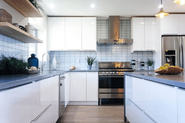White kitchen cabinets with minimal hardware